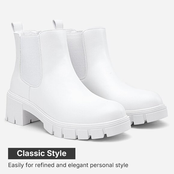 Vepose Women's White Faux Chelsea Leather Lug Sole Elastic Slip on Ankle Booties - Picture 5 of 9